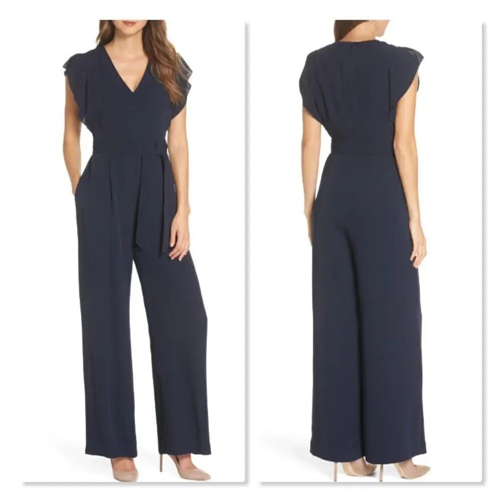 Eliza J Flutter Sleeve Crepe Wide Leg Jumpsuit - size 6 in Blue